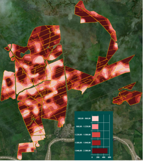 High resolution maps of soil composition are created for over 25 different nutrients and parameters. These are complemented with spectral imagining and physical inspections (recorded using Cultivate mobile app) to understand the evolution in the growth of palms.